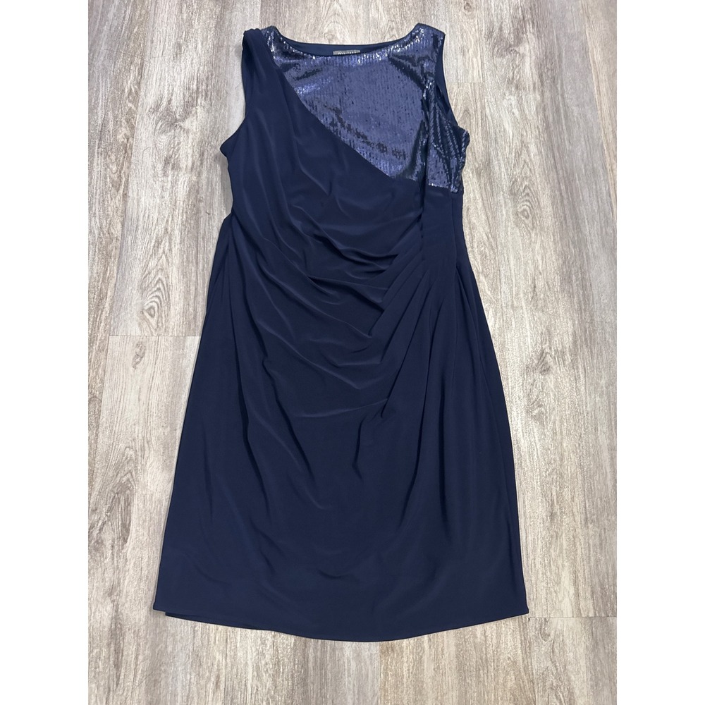 Roz & Ali Navy Blue Sequin Ruched Asymmetrical Draped Cocktail Dress 18W